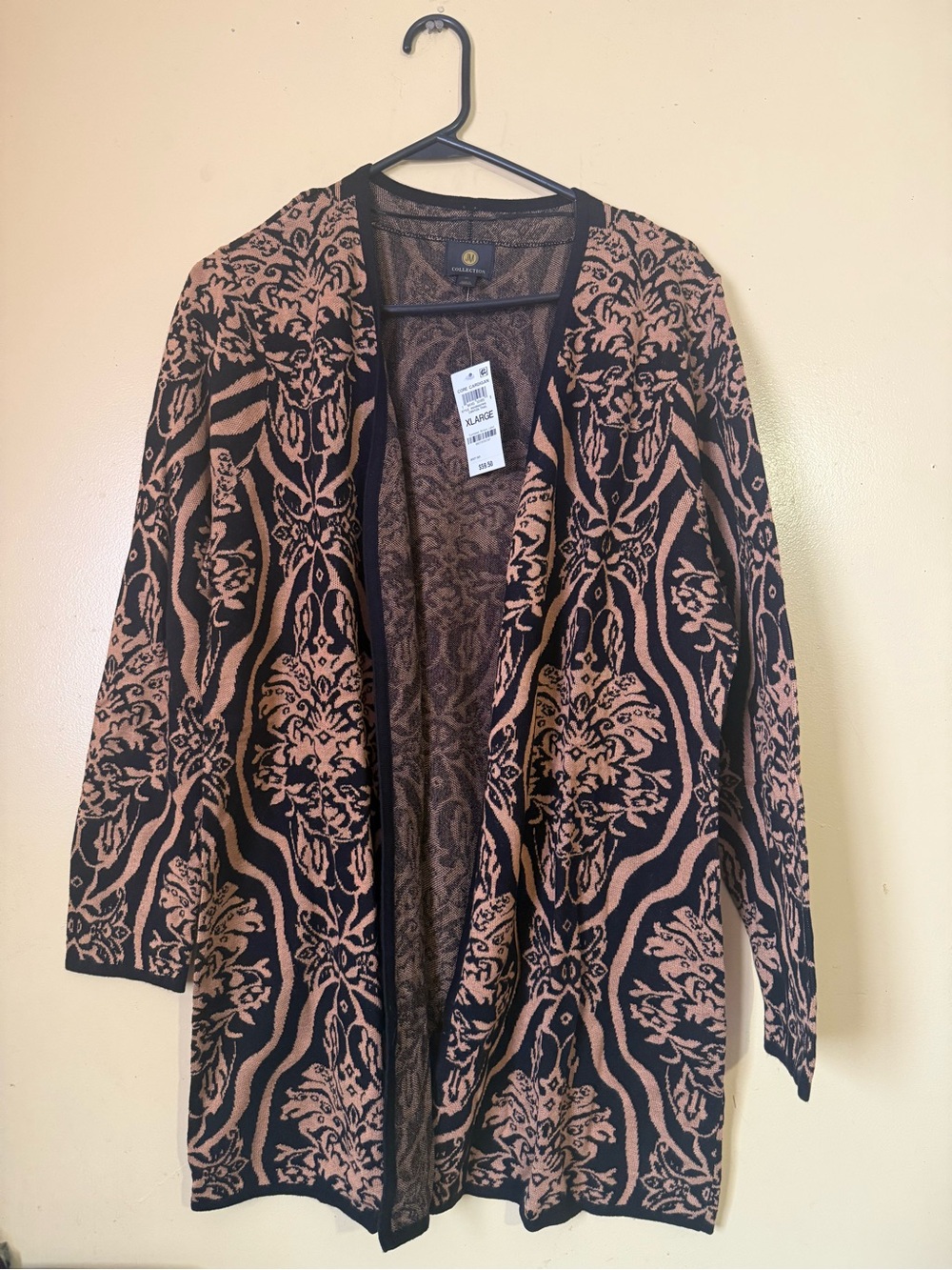 JM Collection Black and Tan Open-Front Patterned Cardigan